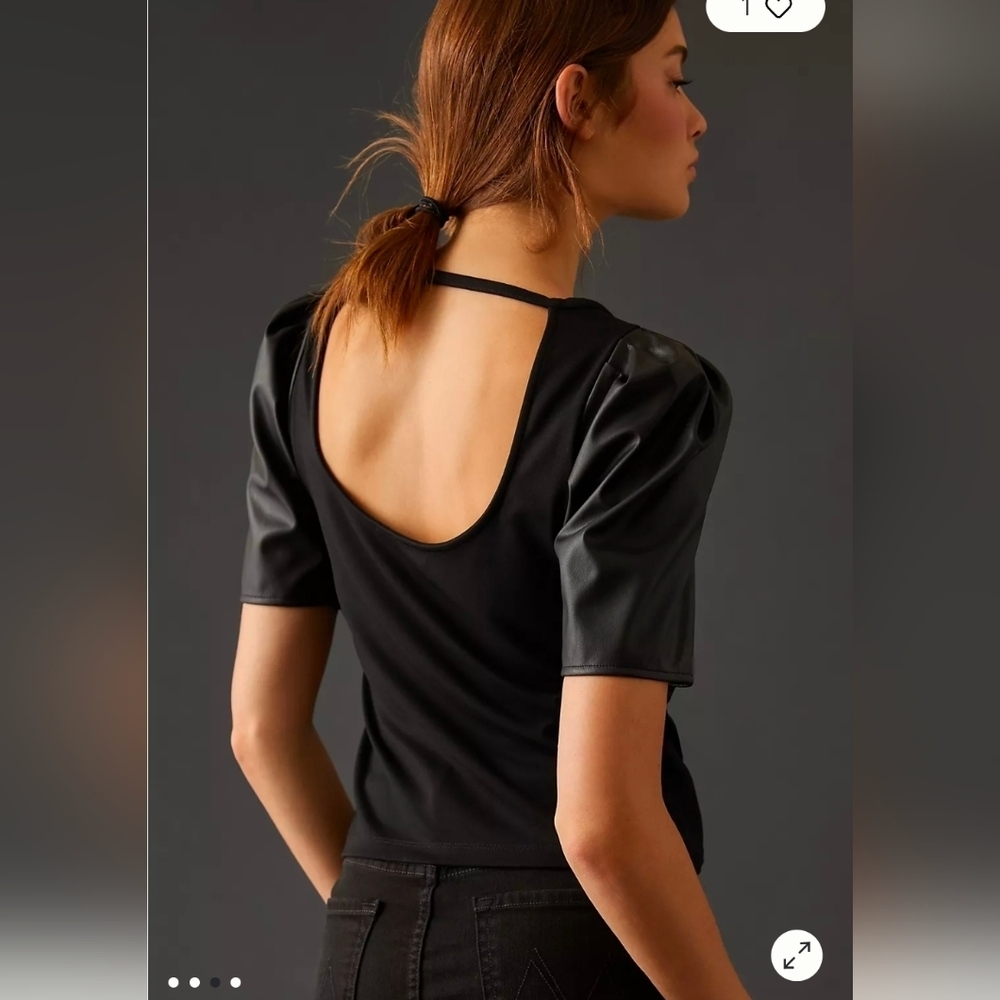 Anthropologie Black Faux Leather Sleeve Top Size Medium - Picture 2 of 5